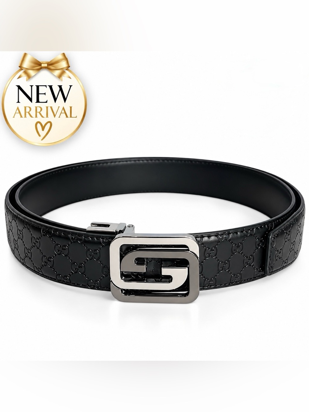 🖤 Men’s Black Monogram Belt — Silver-Tone Buckle 🖤